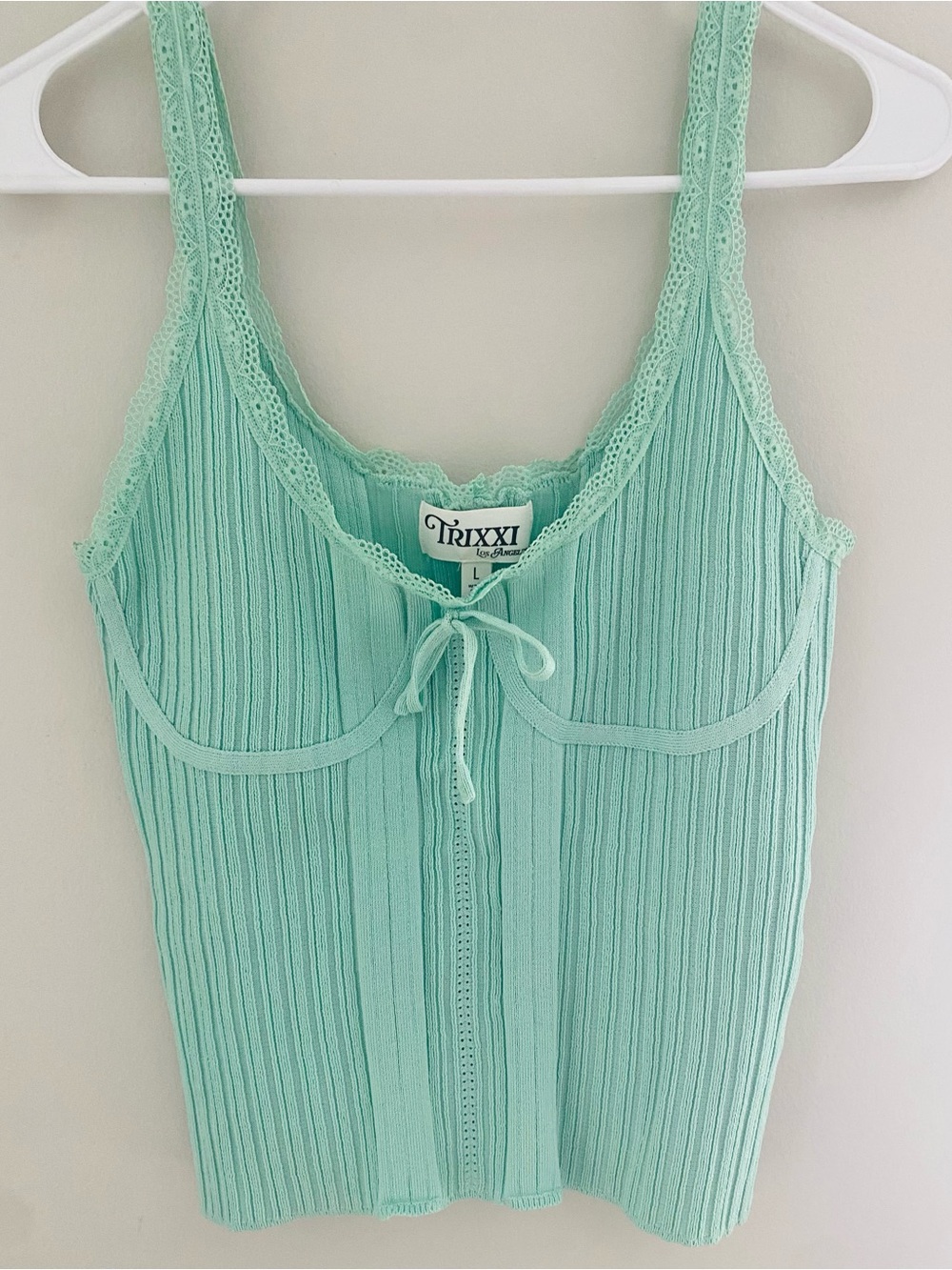 Trixxi Mint Ribbed Lace-Trim Tank with Front Tie
